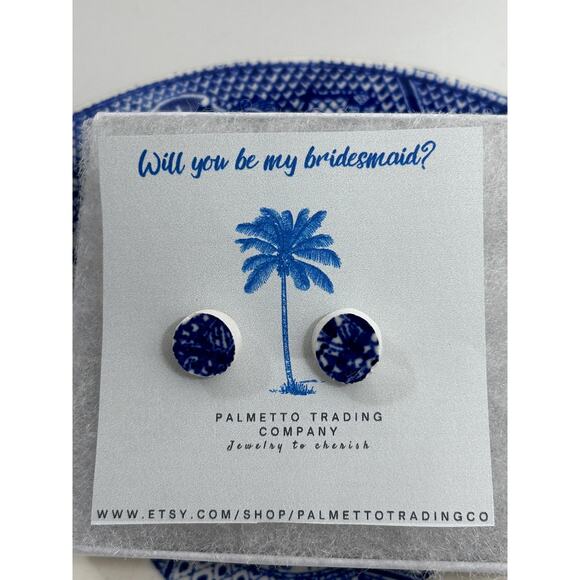 Chinoiserie Blue White Gold Earrings from Broken Fine China Weddings Gift Ribbon - Picture 5 of 8